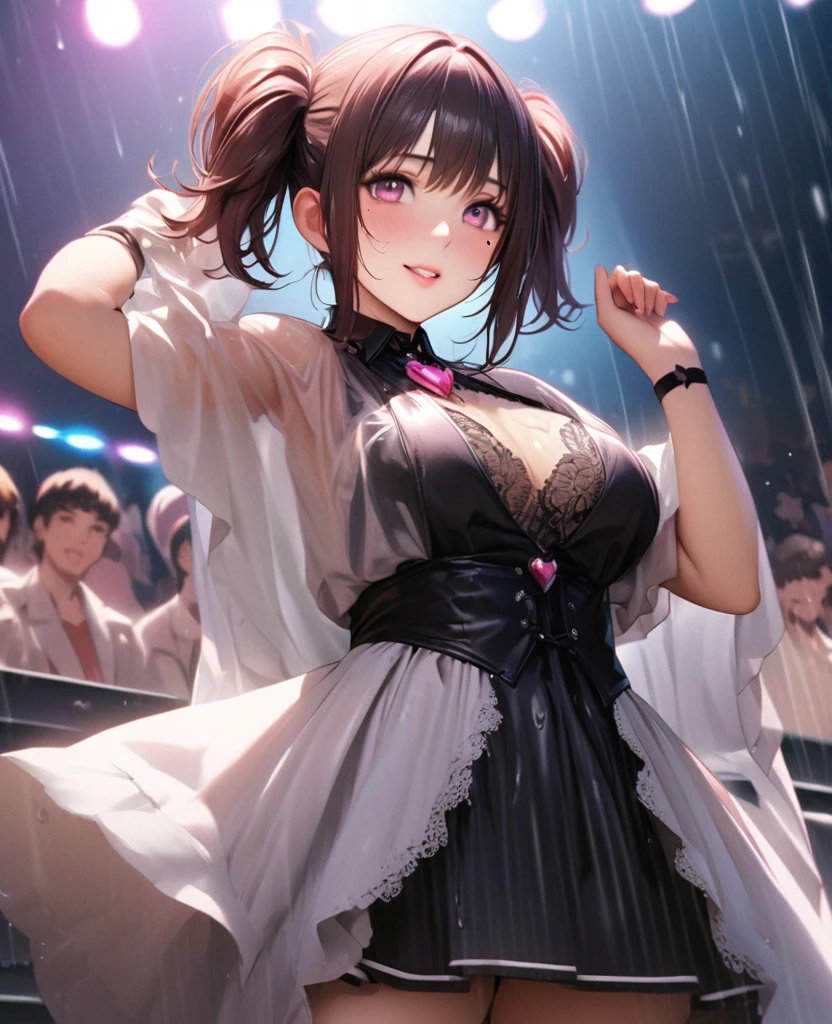 One Girl、Looking at the audience、lovely,
Beautiful pink eyes、short twin tail hair , Mole under the eye、Plump and glossy lips、Heart-shaped choca、Idol、Her name is Rico,smile、ー、。.。.。.。.。.。.。.。.。.。.。.。.。.。.。.。.。.。.3D、Realistic、
The idol's costume was soaked in the heavy rain, and her chest was wet and transparent.Heavy rain at outdoor concert, Drape clothes、gem、The decoration has been removed、Floral、Lace trim,On a glittering stage、
masterpiece、highest quality、8k、Detailed skin texture、Detailed cloth texture、Beautifully detailed face、Intricate details、Very detailed、
超A high resolution、8k Ultra HD、Film Grain、Best Shadow、delicate、Gazing at the audience、front