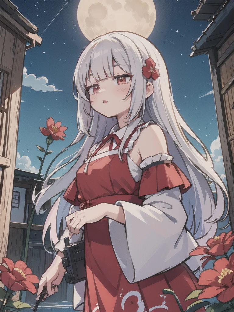 (One Woman:1.1), girl (gun, gunatyou:1.2), (Target your audience,handgun,拳gunの所持:1.2), Curl the inside of your hair, Silver Hair, Floating Hair, ((Red flower, Red dress:1.3)),Red eyes (beautiful, Fine grain), (Symmetrical eyes), (Enlarge and accentuate the eyes:1.1), Flat Chest (From the side), buildingの屋上, blue sky, cloud, night, beautiful sky, building, far, moonlight, (masterpiece:1), (shape), (Highest quality:1), (Best aesthetics), (beautiful art:1), (Very detailed:1), (8k), (High resolution), (Sharp focus), (complicated)