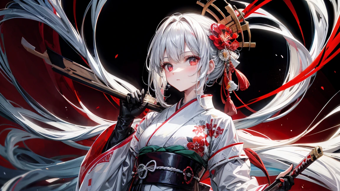 Girl in kimono standing with Japan sword, White medium hair, Red eyes, Red lips, A kimono with a red spider lily on a black background, Red splash pattern on a black background, super high quality, Ultra-fine detail, Very thin handle