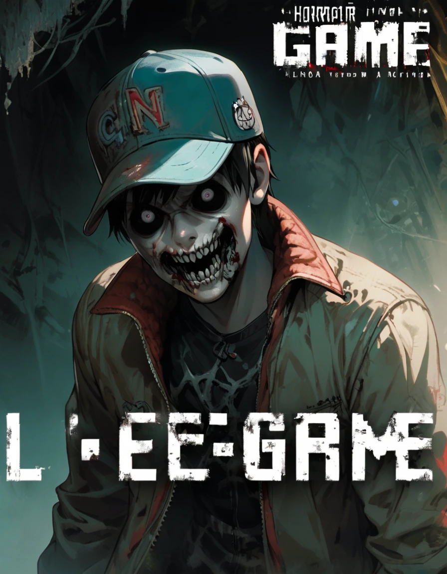 boy, horror game cover, baseball cap, jacket