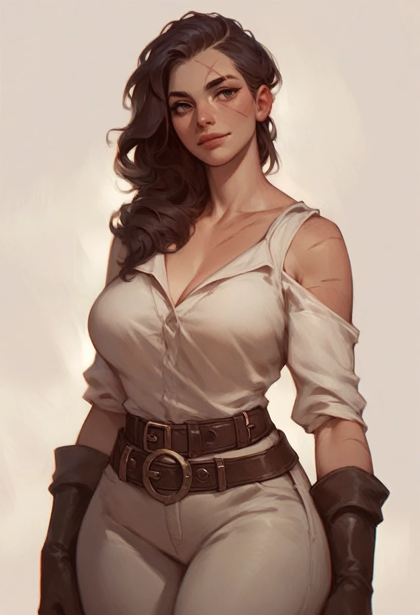 score_9_up,score_8_up,score_7_up,score_6_up,rating_safe,(dark,chiaroscuro,low light),solo,gloves,1girl,female, (rags:1.1),standing,belt,facing viewer, large breasts, wide hips, beautiful, cute, loose clothes, scars,