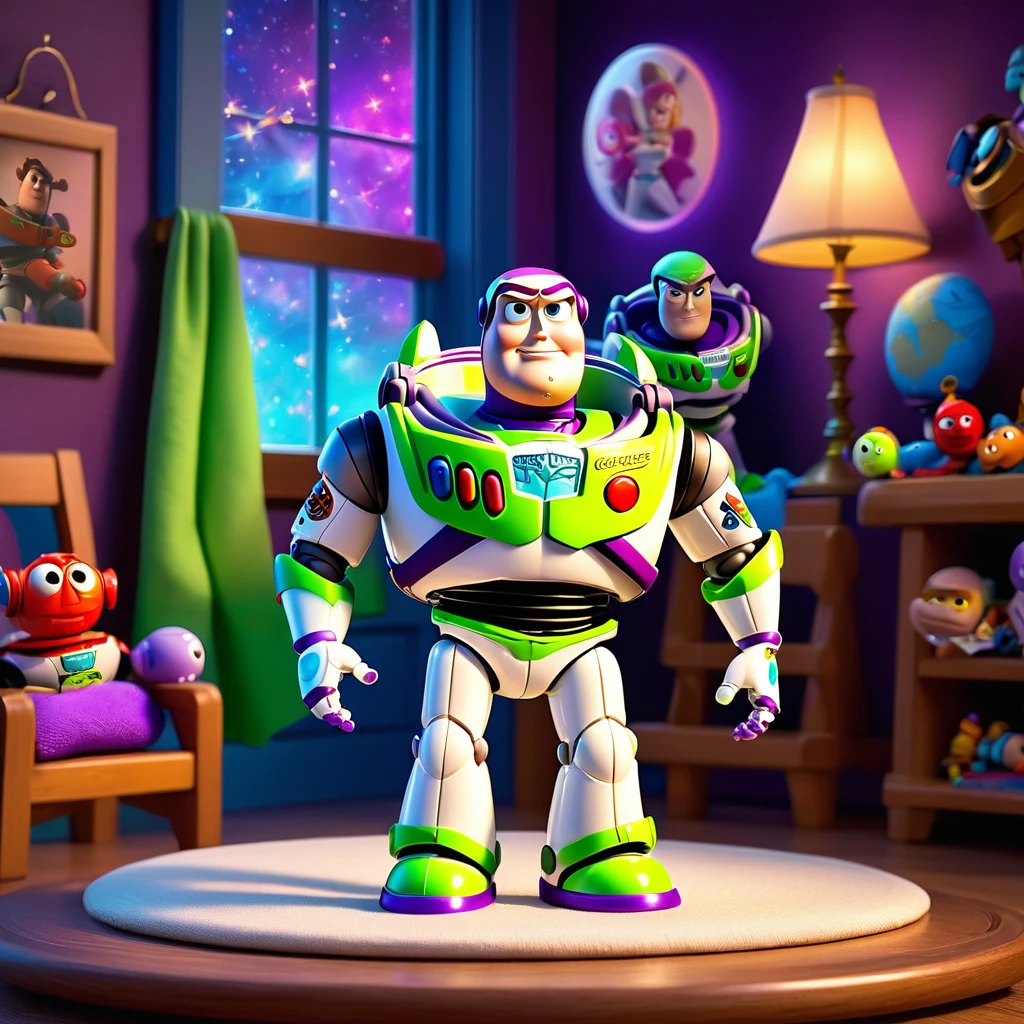 (knitted voodoo doll:1.2), sits on a podium, surrounded by a room from the cartoon Toy Story, (Buzz Lightyear:1.6), Buzz Lightyear's clothes, a whimsical and magical atmosphere, sparkles and glows in the background, best quality, masterpiece, detailed soft oil painting, detailed background, dramatic cinematic lighting, soft edge lighting, professional, dramatic lighting, hard edge lighting, ultra quality, 4k, masterpiece, best quality, 8k, ultra high definition, high resolution, extremely detailed