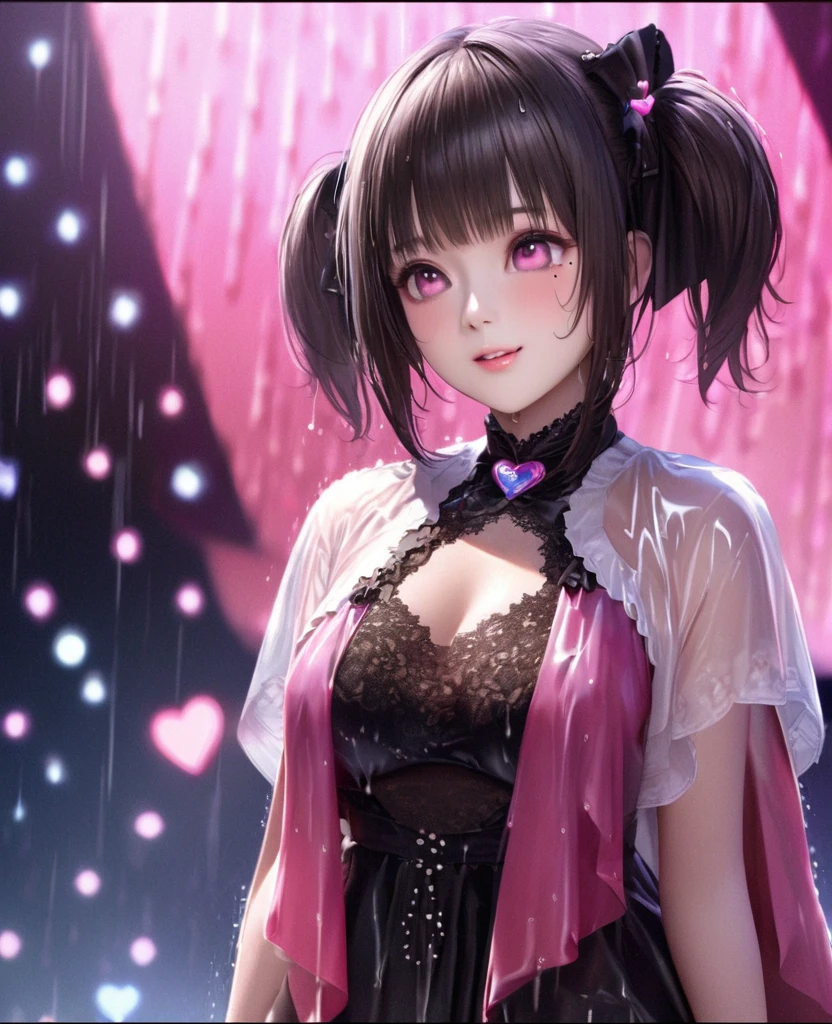 One Girl、Looking at the audience、lovely,
Beautiful pink eyes、short twin tail hair , Mole under the eye、Plump and glossy lips、Heart-shaped choca、Idol、Her name is Rico,smile、ー、。.。.。.。.。.。.。.。.。.。.。.。.。.。.。.。.。.。.3D、Realistic、
The idol's costume was soaked in the heavy rain, and her chest was wet and transparent.Heavy rain at outdoor concert, Drape clothes、gem、The decoration has been removed、Floral、Lace trim,On a glittering stage、
masterpiece、highest quality、8k、Detailed skin texture、Detailed cloth texture、Beautifully detailed face、Intricate details、Very detailed、
超A high resolution、8k Ultra HD、Film Grain、Best Shadow、delicate、Gazing at the audience、front