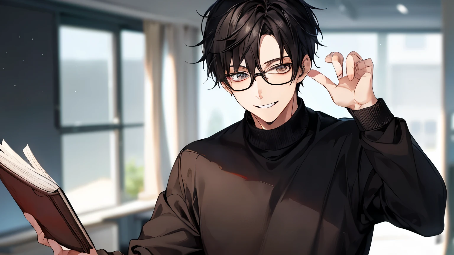 One Man, Black jeans, Black sweater, White, thin, pale, Glasses, Black Hair, A little sporty, Glass Eyes, smile, Highest quality, Brown eyes, Hold the book in your right hand, School classroom, teacher,