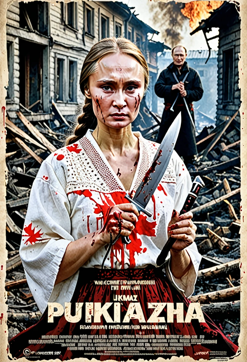 The vintage poster of the film with the character [Putin is terrible, cannibal, on his forehead the letter "z"]. Putin knit a girl in a torn and bloodied Ukrainian national costume with a knife. She is all in blood and screams in pain. She resists Putin and scratches his face with her hand. At the bottom of the poster it is written: "Be patient, my beauty ...". The scene against the background of destroyed and burning buildings. The title of poster: "I want peace? Give me all of Ukraine!"
In the style of posters of the film of the 1980s.