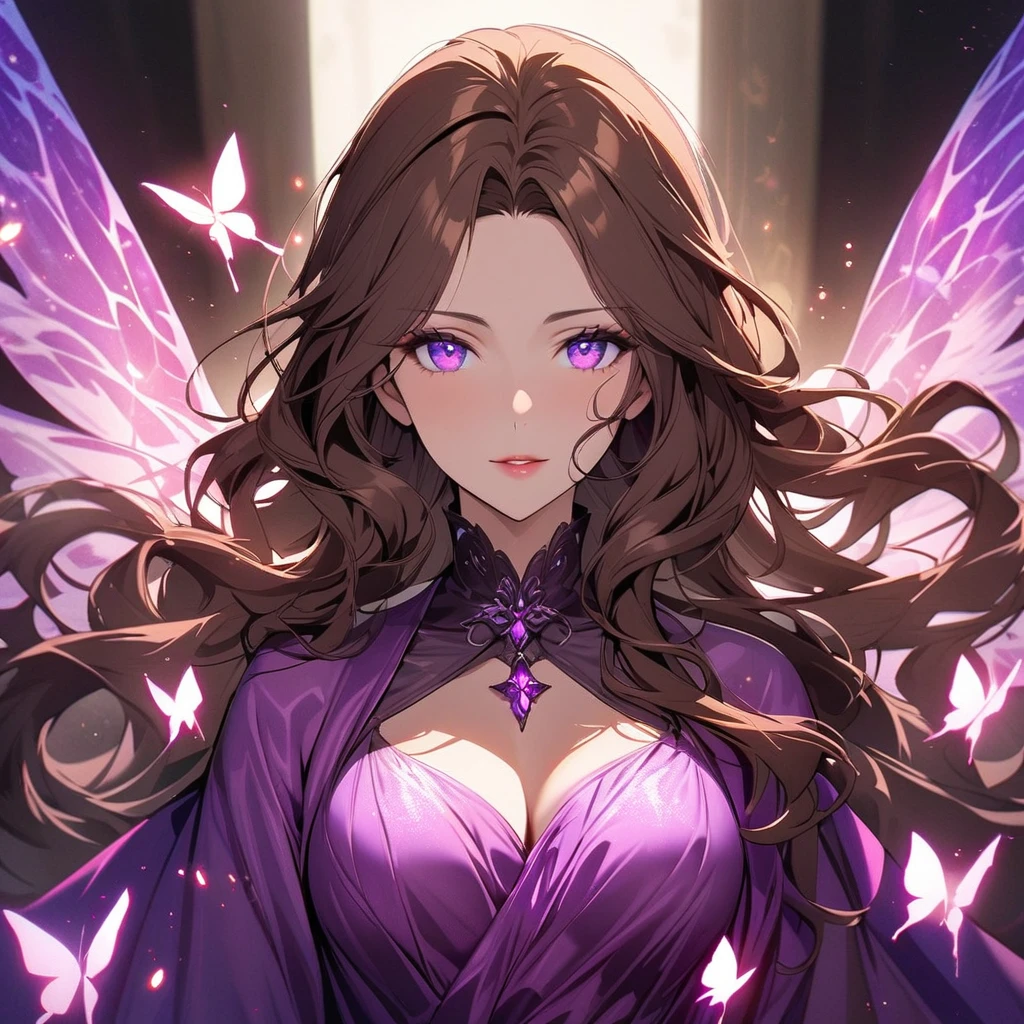 girl, brown hair, wavy hair, long hair, glowing purple eyes, magical silk fabric, mature woman, gorgeous, beautiful background, super detail, beautiful color, glowing butterfly, angel, main face, front face