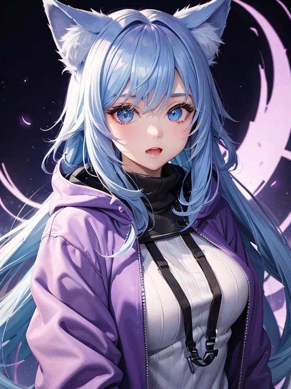girl、Purple hoodie、Light blue hair、Wolf Hair、Character portrait、whole body、Background green、Violet eyes、Open Mouth