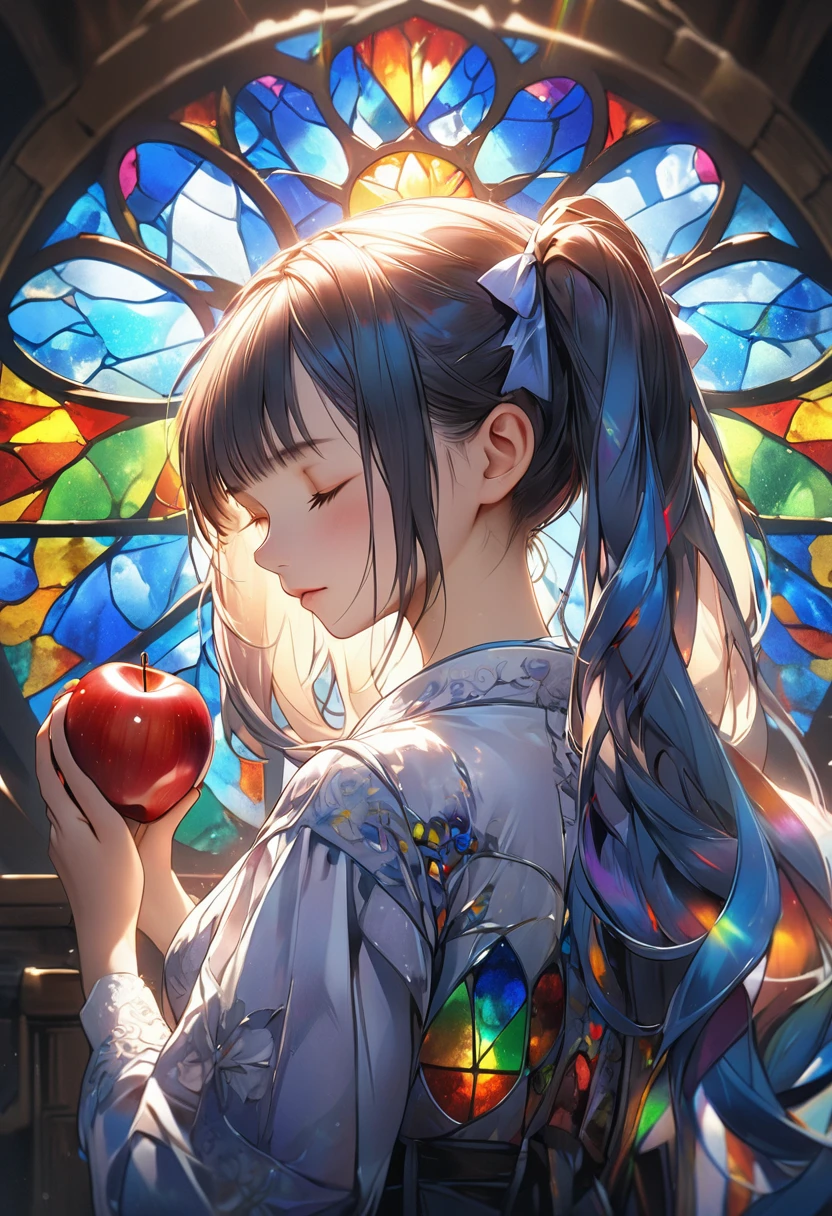 High quality stained glass art, Paint everything with stained glass,a picture of a girl with blue twintails holding an apple in one hand, closing her eyes and looking down.The realistic glow of stained glass,Fantastic view from behind the stained glass The condition of the light,Stained glass background pattern based on blue,(High resolution, high precision images, 4k, 8k:1.2),ultra detail,