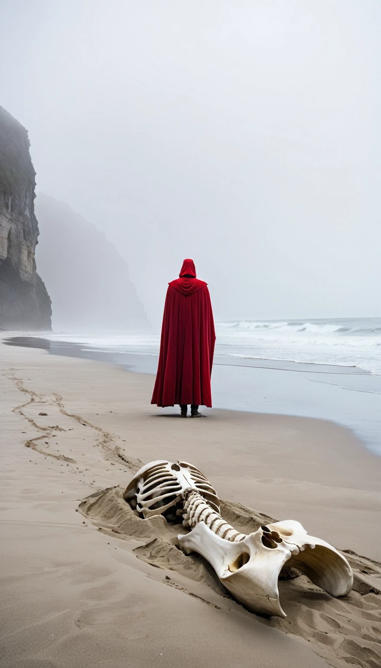 (The upper half of a giant human bone lies on the sand.) An eerie beach scene shrouded in fog. The human bones are huge, weathered, and partially buried in the sand. In the foreground, a figure in a red cape stands with his back to the viewer, staring at the skeleton. The atmosphere is mysterious and surreal, and fog obscures the distant background.