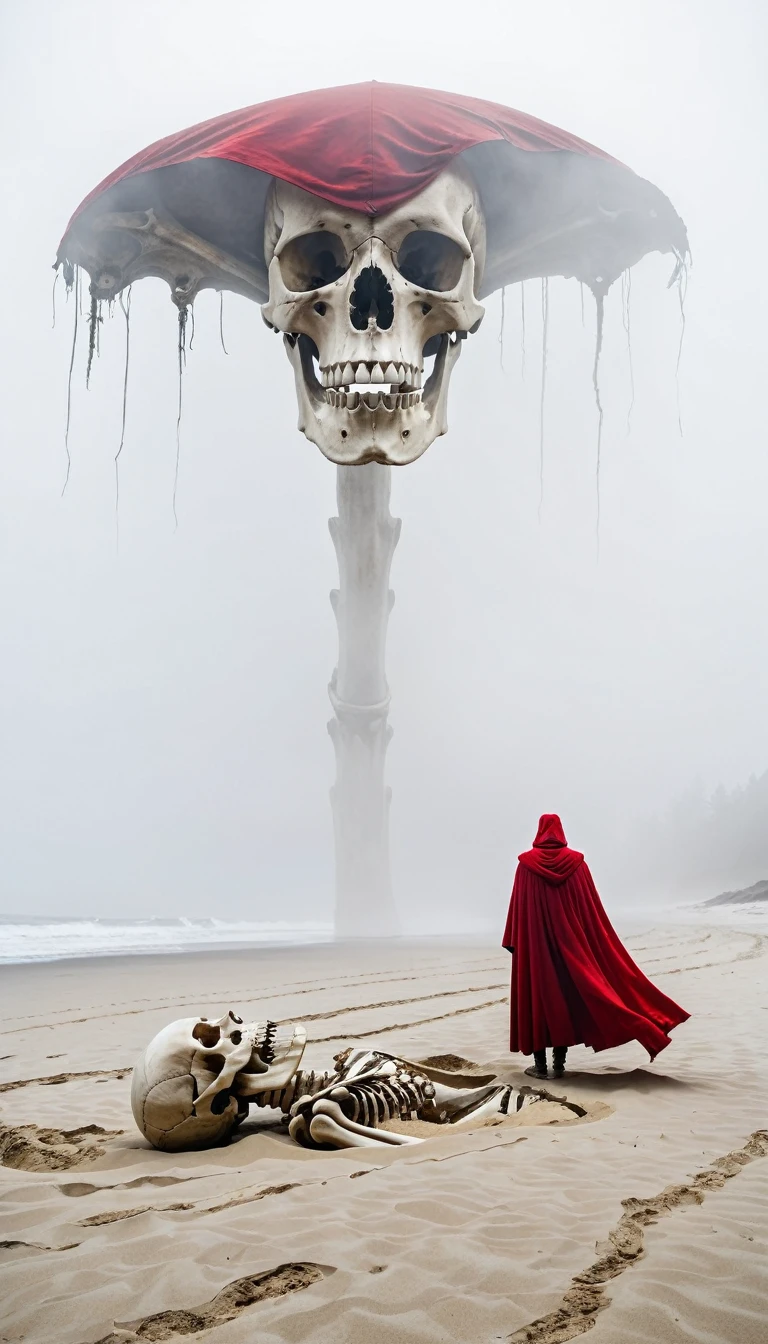 (The upper half of a giant human bone lies on the sand.) An eerie beach scene shrouded in fog. The human bones are huge, weathered, and partially buried in the sand. In the foreground, a figure in a red cape stands with his back to the viewer, staring at the skeleton. The atmosphere is mysterious and surreal, and fog obscures the distant background.