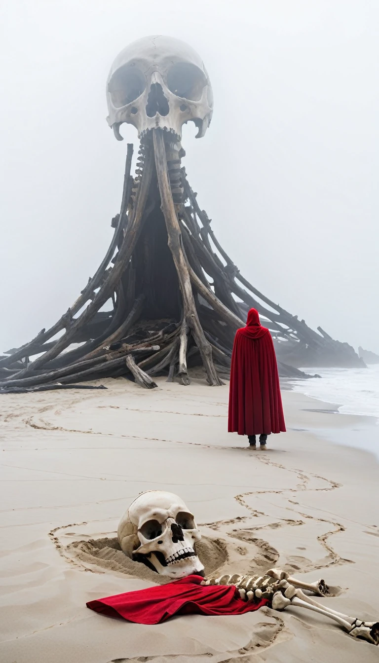 (The upper half of a giant human bone lies on the sand.) An eerie beach scene shrouded in fog. The human bones are huge, weathered, and partially buried in the sand. In the foreground, a figure in a red cape stands with his back to the viewer, staring at the skeleton. The atmosphere is mysterious and surreal, and fog obscures the distant background.