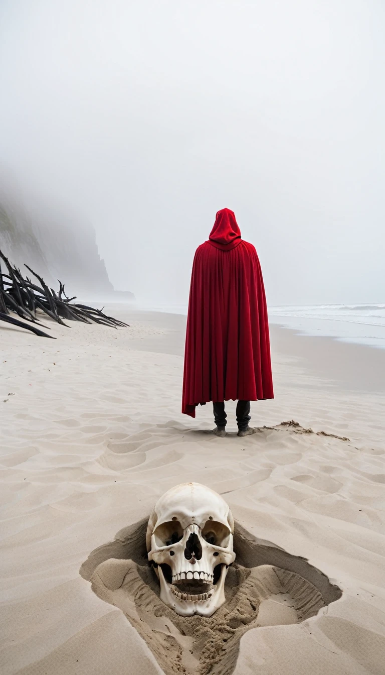 (The upper half of a giant human bone lies on the sand.) An eerie beach scene shrouded in fog. The human bones are huge, weathered, and partially buried in the sand. In the foreground, a figure in a red cape stands with his back to the viewer, staring at the skeleton. The atmosphere is mysterious and surreal, and fog obscures the distant background.