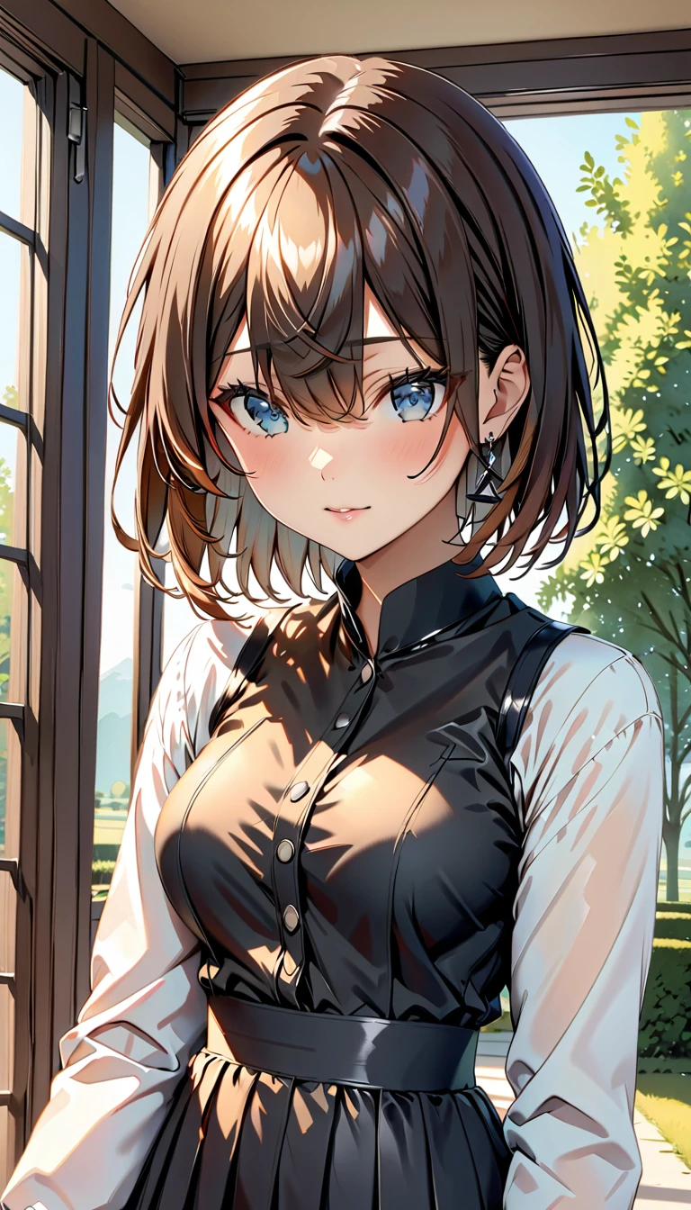 ((Top Quality)), ((Masterpiece)), (Detail), high resolution, Perfect Face, Fine Eyes, Depth of Field, Special Shading, upper body, (1 Beautiful girl), medium breasts, (Caramel brown hair, very short hair, hair flaps, hair over eyes)), , dress shirt, pleated skirt, Scenery of the countryside,