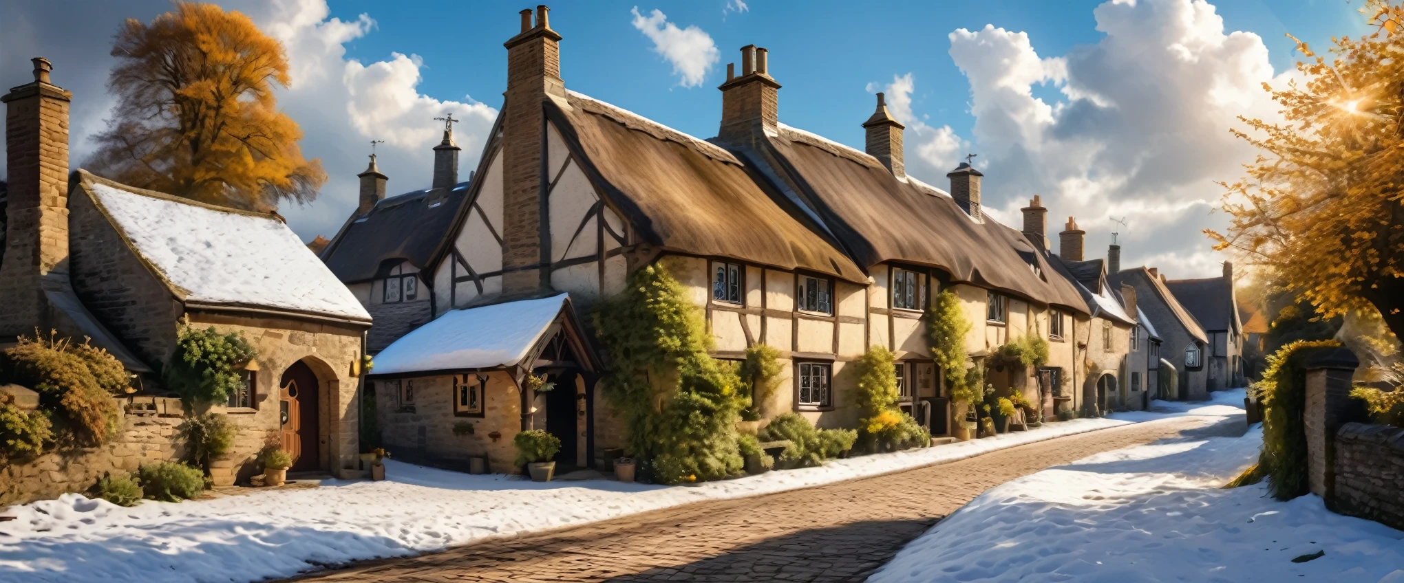 a beautiful detailed countryside landscape in the snow, rolling white snowy hills, a quaint old english town, village, thatched roof cottages, cobblestone streets, an old tudor tavern, a snow man, a majestic Clock tower,fluffy clouds in a blue sky, warm golden sunlight, winter foliage details, charming rustic atmosphere, a beautiful country church, (best quality,8k,hyperrealistic,masterpiece:1.2),incredibly detailed,ultra-detailed,photorealistic,cinematic lighting,dramatic shadows,vibrant colors, oil painting, extremely aesthetic compositio