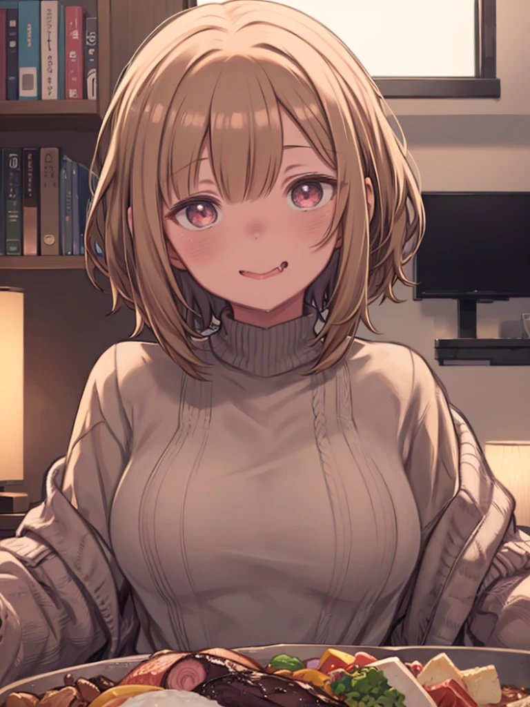 I love eating a lot! Mochizuki、One Girl、Shortcuts、Bob Hair、Light brown hair、Pink turtleneck sweater、Big Breasts、Food Fighter、Large amount of food、Hearty meal、Smiling lazily、Hollow Eyes、Rape Eyes、Dangerous expression、((Saliva))、office、