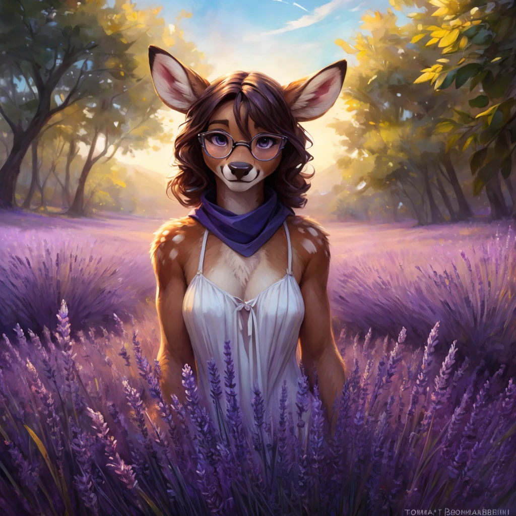 uploaded on e621, watercolor look, by Pixelsketcher, by Bayard Wu, by Thomas Benjamin Kennington , by Einshelm, by hioshiru and kenket, Chunie, portrait, solo anthro female deer doe, with small featureless breasts, clear dark blue, cinematic lighting, day, sunny day, lavender field, stays in a lavender field, lavender field background, mediterranean background, horizon background, shiny, short curly dark brown hair, wears big black nerd glasses, very very beautiful furry art, furry art, smiling, joyful, shiny, happy, feminine, cute face, muzzle, fluffy chest, flawless face, Fallow deer, 1girl, Sakimichan is beautiful, Masterpiece, Wavethesallow Face, shiny, Detailed image, portrait, Detailed image, portrait, full body, wears pure white spaghetti straps dress, wears a black bandana headscarf, shiny, realistic face, perfect anatomy, hourglass body, (furry body:1.1), anthropomorphic deer, looks at the viewer, small fluffy tail, detailed background, (cute anatomy:1.1), stands in a lavender field