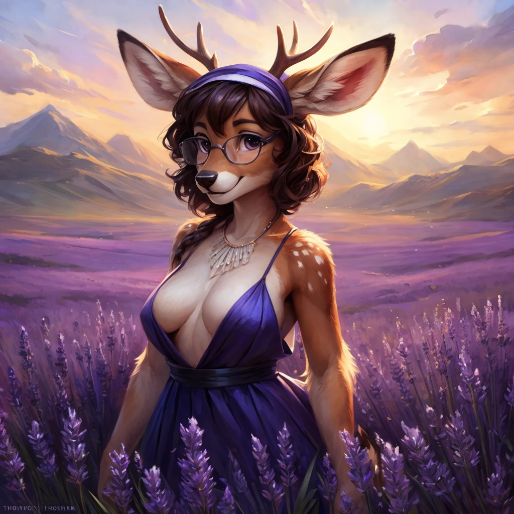 uploaded on e621, watercolor look, by Pixelsketcher, by Bayard Wu, by Thomas Benjamin Kennington , by Einshelm, by hioshiru and kenket, Chunie, portrait, solo anthro female deer doe, with small featureless breasts, clear dark blue, cinematic lighting, day, sunny day, lavender field, stays in a lavender field, lavender field background, mediterranean background, horizon background, shiny, short curly dark brown hair, wears big black nerd glasses, very very beautiful furry art, furry art, smiling, joyful, shiny, happy, feminine, cute face, muzzle, fluffy chest, flawless face, Fallow deer, 1girl, Sakimichan is beautiful, Masterpiece, Wavethesallow Face, shiny, Detailed image, portrait, Detailed image, portrait, full body, wears pure white spaghetti straps dress, wears a black bandana headscarf, shiny, realistic face, perfect anatomy, hourglass body, (furry body:1.1), anthropomorphic deer, looks at the viewer, small fluffy tail, detailed background, (cute anatomy:1.1), stands in a lavender field