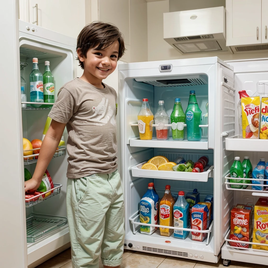 Write a prompt about a boy who, after a joyous playtime, excitedly opens the fridge for a refreshing drink. Despite finding it empty, he remains surprisingly happy.