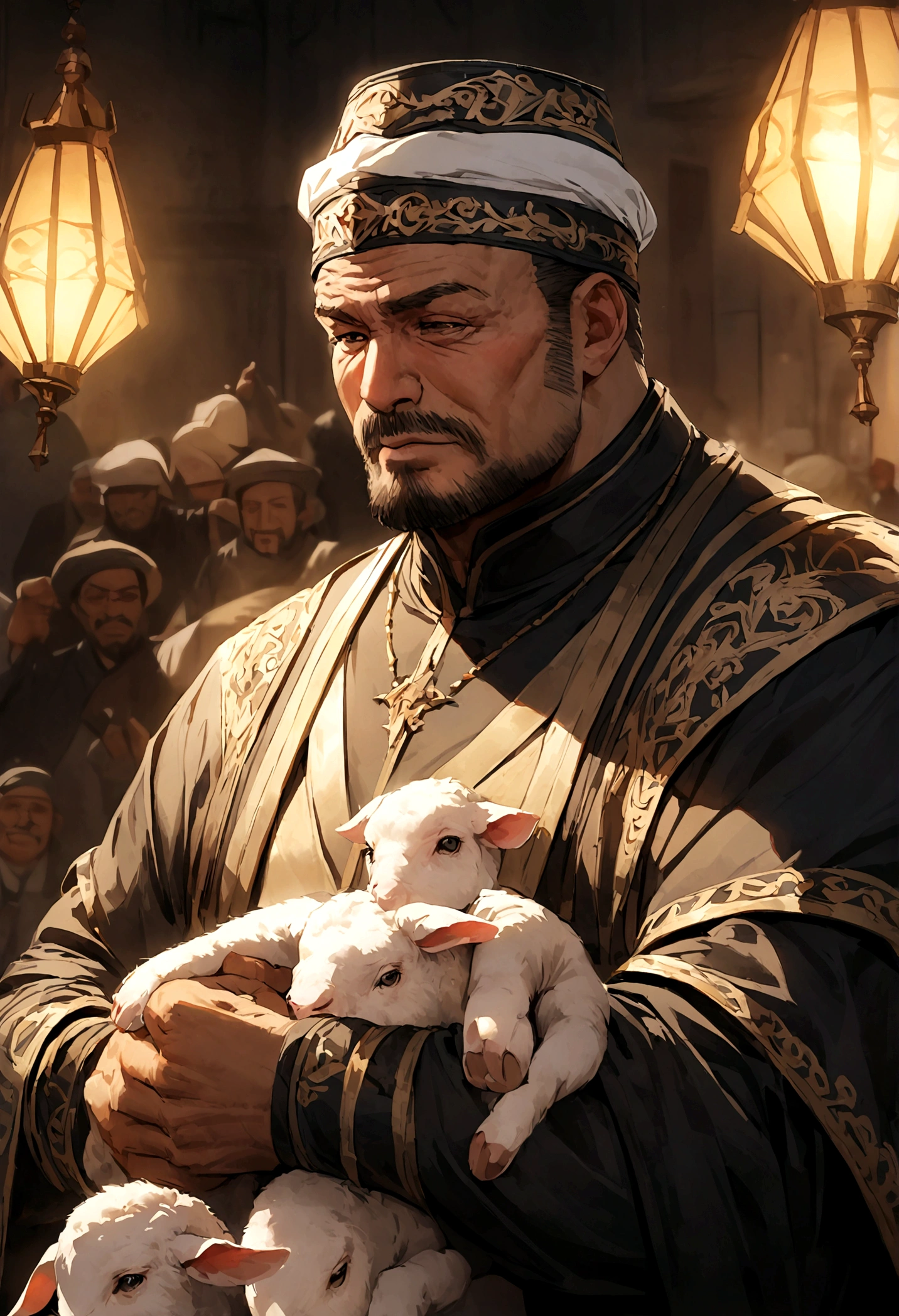 A moslem guy with a facial hair with a moslem outfit taking a lamb to the butcher,