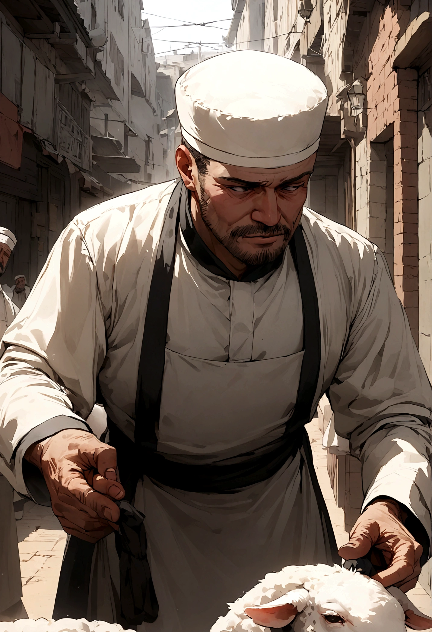 A moslem guy with a facial hair with a moslem outfit taking a lamb to the butcher,