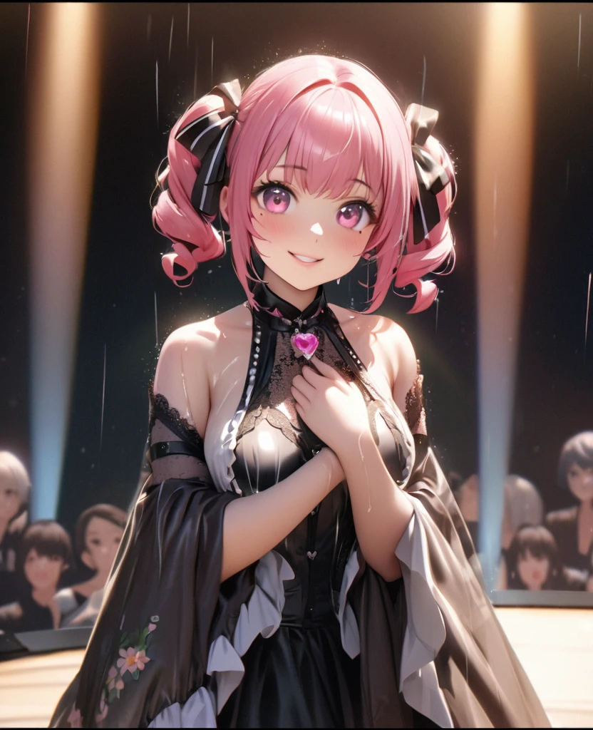 One Girl、Looking at the audience、lovely,
Beautiful pink eyes、short twin tail hair , Mole under the eye、Plump and glossy lips、Heart-shaped choca、Idol、Her name is Rico,smile、ー、。.。.。.。.。.。.。.。.。.。.。.。.。.。.。.。.。.。.3D、Realistic、
The idol's costume was soaked in the heavy rain, and her chest was wet and transparent.Heavy rain at outdoor concert, Drape clothes、gem、The decoration has been removed、Floral、Lace trim,On a glittering stage、
masterpiece、highest quality、8k、Detailed skin texture、Detailed cloth texture、Beautifully detailed face、Intricate details、Very detailed、
超A high resolution、8k Ultra HD、Film Grain、Best Shadow、delicate、Gazing at the audience、front