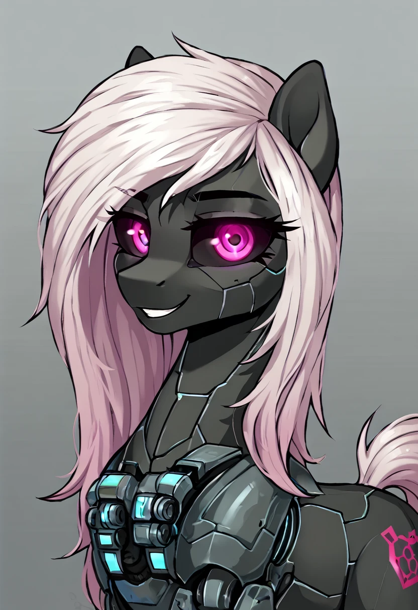 Earth pony, white mane,light blue cybernetic eyes, cybernetic body,black sclera ,black body color  long mane ,pony smiling ,horny pink eyes 