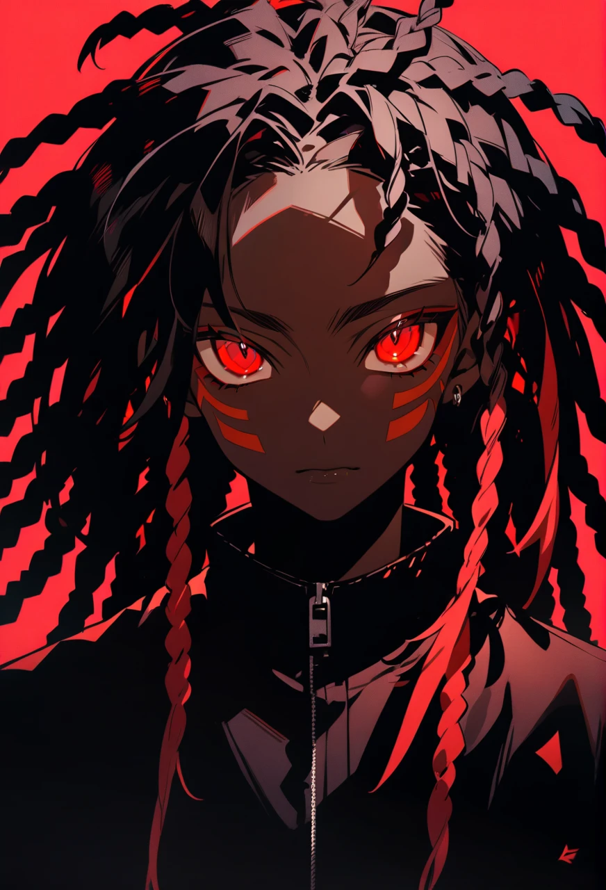 black man with red eyes, dreadlocks and black and red background 