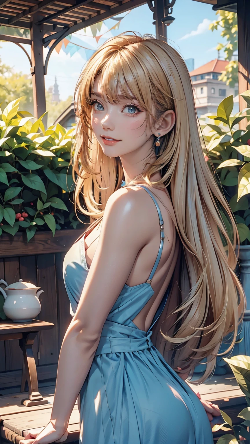 Delicate and beautiful CG art),(Highest quality, Very detailed, High resolution),(Dynamic Angle, Dynamic Lighting),(One character),(Long pink and blonde hair), blue eyes, Beautiful Face), 1 Girl, (Long sideburns, plant, smile, long blue dress, garden, crowd