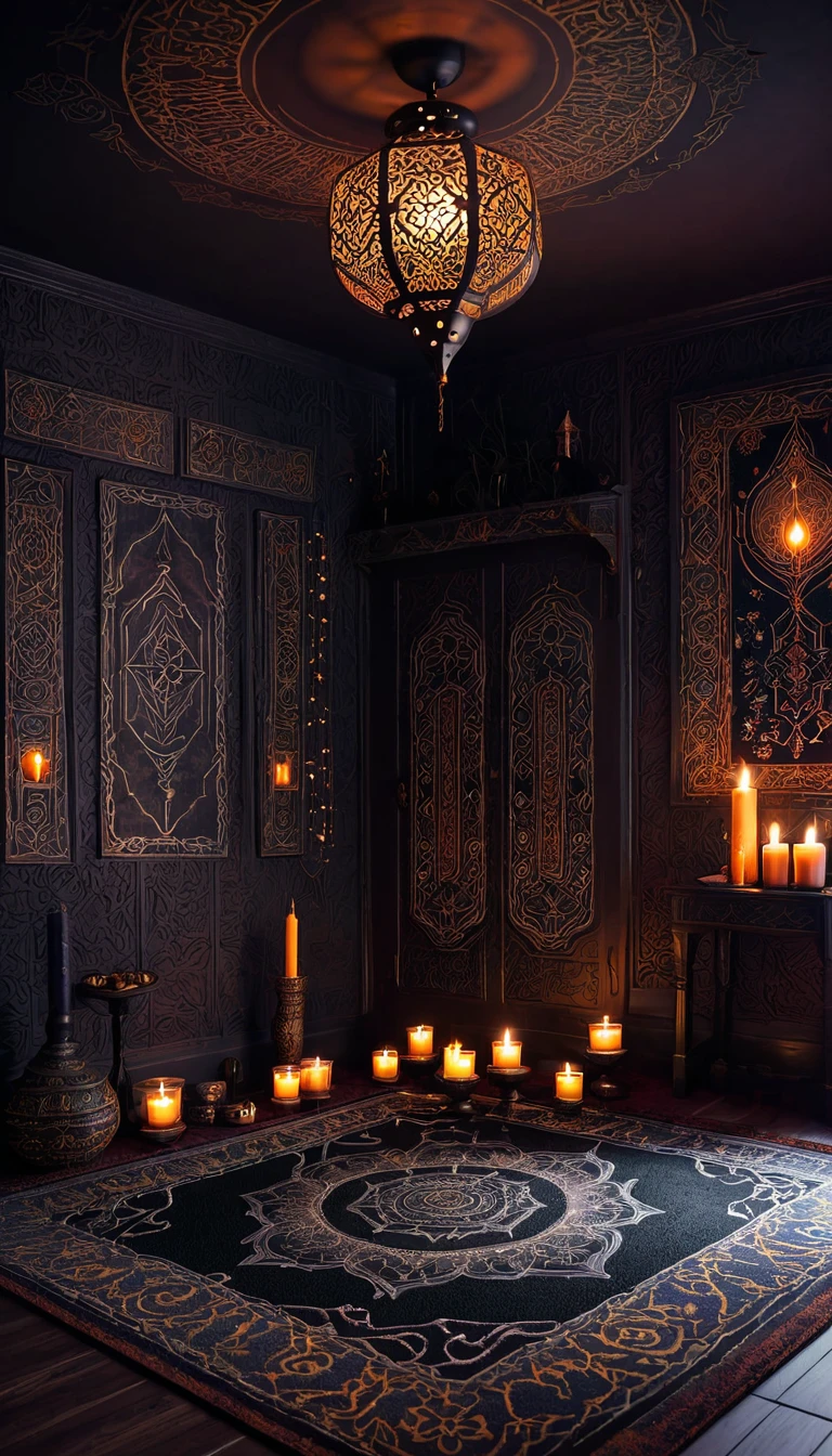 oriental witch room in arabic style,  Candles around, carpets with patterns, in dark fantasy style