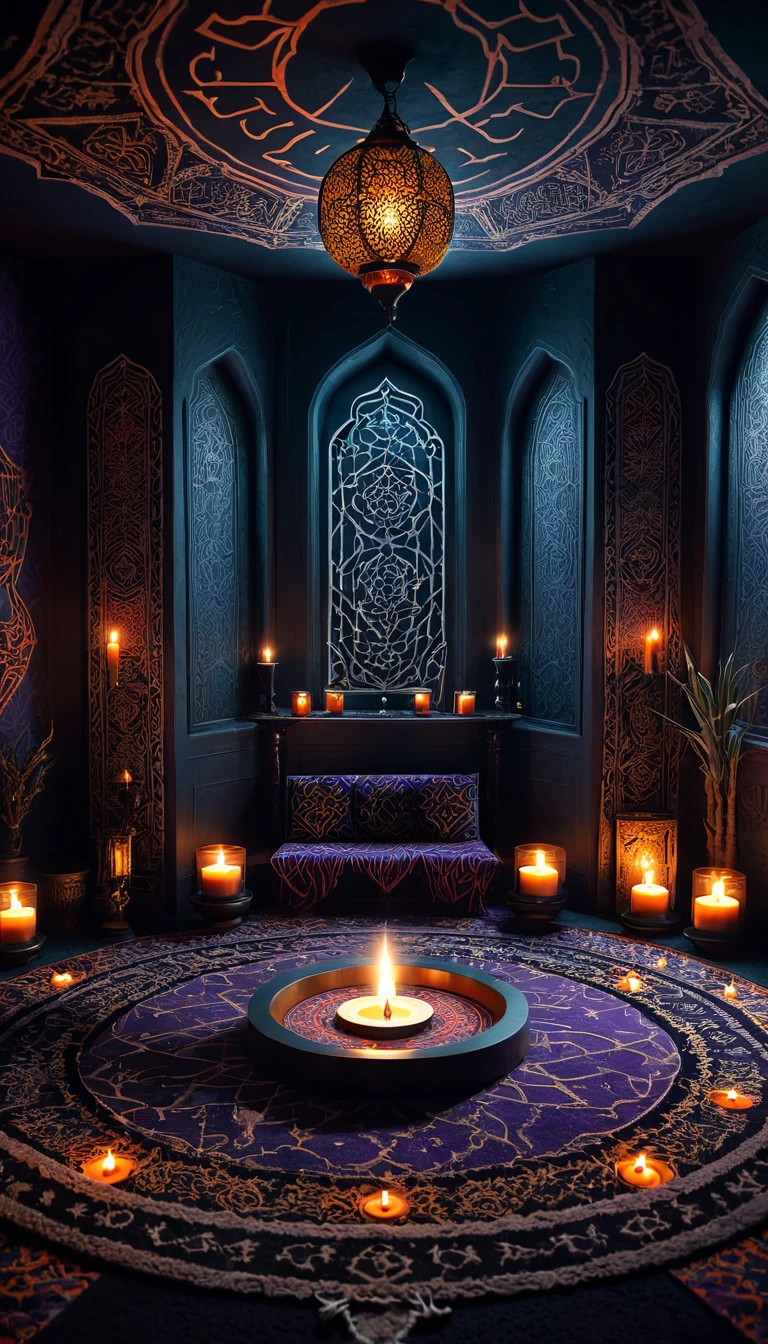 oriental witch room in arabic style, Candles around, carpets with patterns, in dark fantasy style
