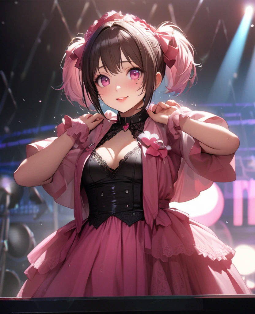 One Girl、Looking at the audience、lovely,
Beautiful pink eyes、short twin tail hair , Mole under the eye、Plump and glossy lips、Heart-shaped choca、Idol、Her name is Rico,smile、ー、。.。.。.。.。.。.。.。.。.。.。.。.。.。.。.。.。.。.3D、Realistic、
The idol's costume was soaked in the heavy rain, and her chest was wet and transparent.Heavy rain at outdoor concert, Drape clothes、gem、The decoration has been removed、Floral、Lace trim,On a glittering stage、
masterpiece、highest quality、8k、Detailed skin texture、Detailed cloth texture、Beautifully detailed face、Intricate details、Very detailed、
超A high resolution、8k Ultra HD、Film Grain、Best Shadow、delicate、Gazing at the audience、front