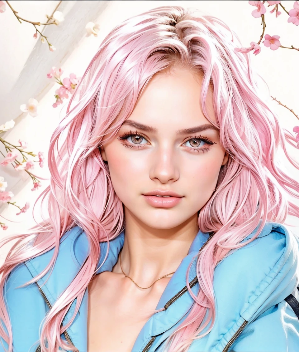 A stunningly lifelike portrait captures a 26-year-old fashion model girl with pink eyes and beautiful European features.