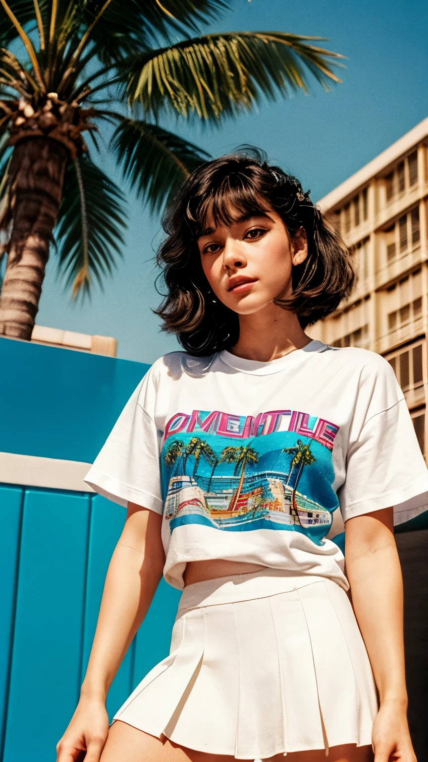 ((medium 8k photography)) ((best 8k quality)) ((masterpiece)), (ultra detailed face), (perfect beautiful face),(perfect nose),(perfect eyes),(perfect lips) ,(perfect hair) 25 yo cute korean, (perfect face), 35mm film,((black bob hairstyles)) (((white blank oversize t-shirt))), (blue tennis skirt) ,white shock, white Reebok sneakers, polaroid film, retro,90's,80's, photo noise, old photo, retro, masterpiece, raw photo, 8k film photo, old, noisy photo, loooking of the camera, casual photo, grain photo, VHS footage, VHS look, chromatic aberration( low chromatic aberration), film footage, grainy photo, dirty photo, posing, retro photo, vintage photo, old, background standing pose on ((80's architecture colorfull motel)) ,palm trees, blue sky, summer, los angles vibes