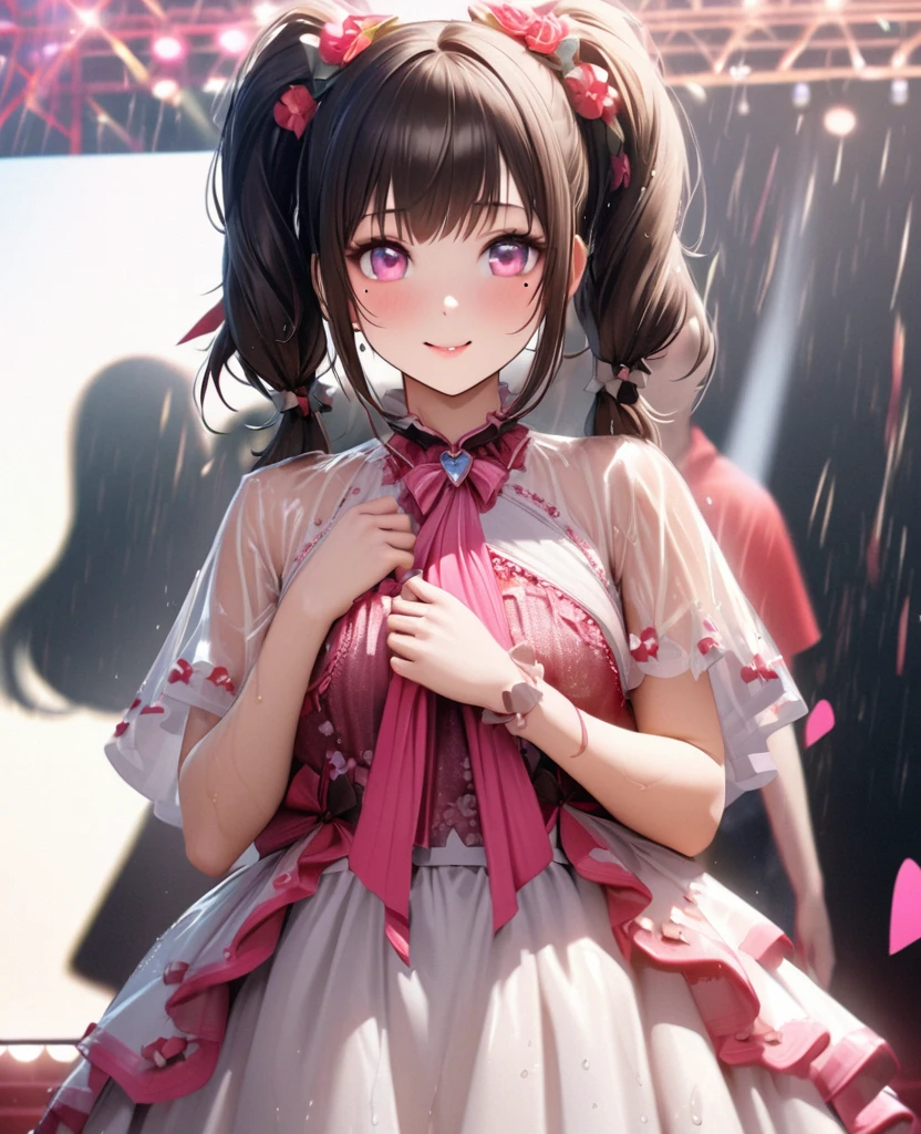 One Girl、Looking at the audience、lovely,
Beautiful pink eyes、short twin tail hair , Mole under the eye、Plump and glossy lips、Heart-shaped choca、Idol、Her name is Rico,smile、ー、。.。.。.。.。.。.。.。.。.。.。.。.。.。.。.。.。.。.3D、Realistic、
The idol's costume was soaked in the heavy rain, and her chest was wet and transparent.Heavy rain at outdoor concert, Drape clothes、gem、The decoration has been removed、Floral、Lace trim,On a glittering stage、
masterpiece、highest quality、8k、Detailed skin texture、Detailed cloth texture、Beautifully detailed face、Intricate details、Very detailed、
超A high resolution、8k Ultra HD、Film Grain、Best Shadow、delicate、Gazing at the audience、front