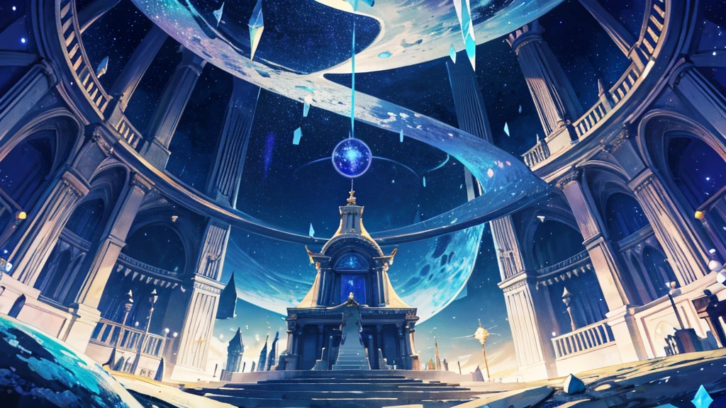 Fantasy,Symmetry,starry night,the dream lands,a lot of iridescence sphere,Round library,Large Crystal Tree,celtic,Dark,Night,deserted palace,moon,shoot from below