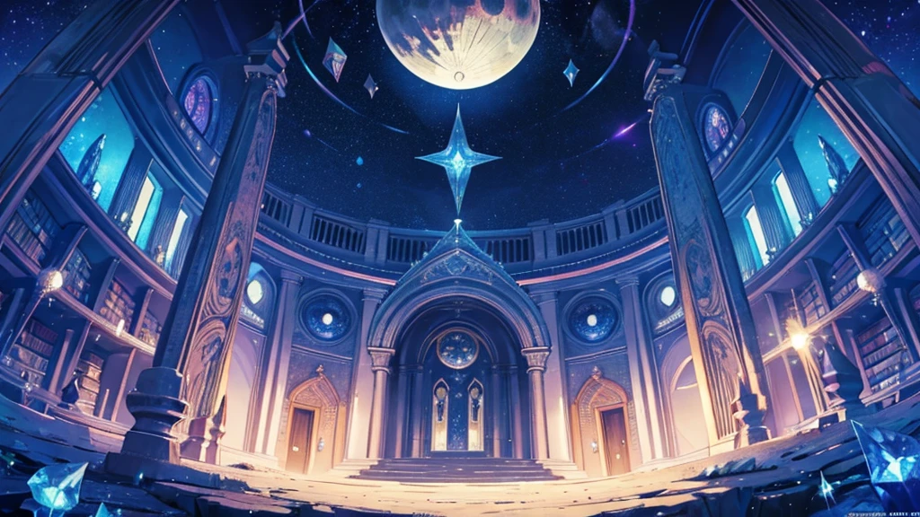 Fantasy,Symmetry,starry night,the dream lands,a lot of iridescence sphere,Round library,Large Crystal Tree,celtic,Dark,Night,deserted palace,moon,shoot from below