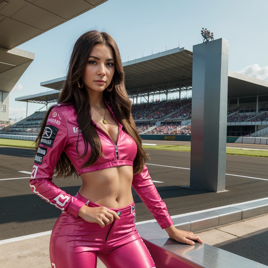 1girl in, 30 years old, Square face, Long hair, Looking at viewer, jewelry, Realistic, Sexy, racing outfit, colorful outfit, F1 racetrack background, freestyle pose