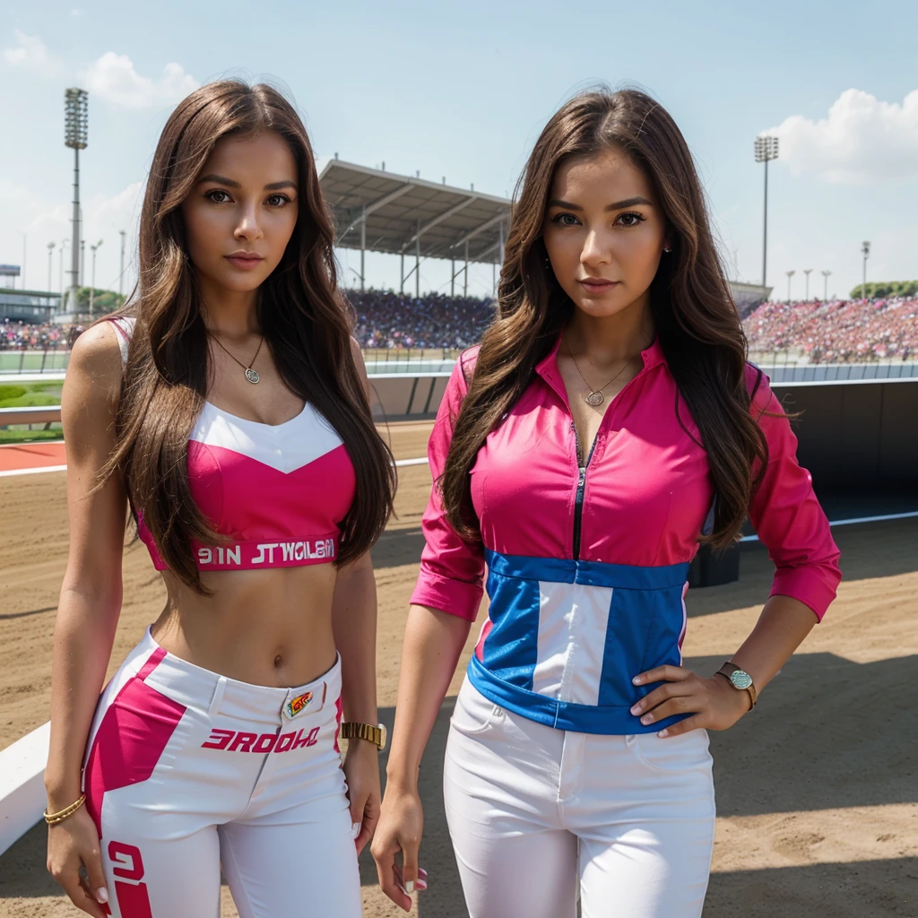 1girl in, 30 years old, Square face, Long hair, Looking at viewer, jewelry, Realistic, Sexy, racing outfit, colorful outfit, F1 racetrack background, freestyle pose