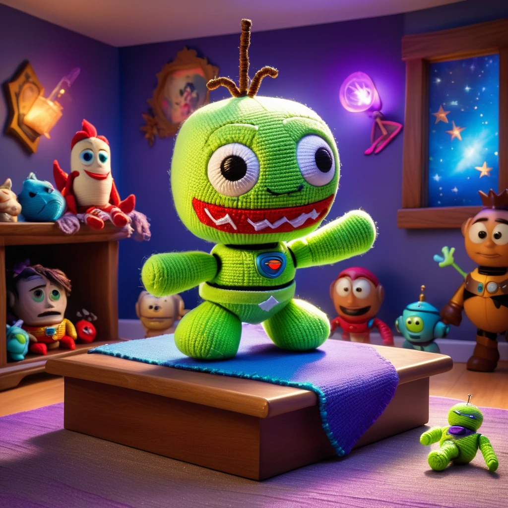 (knitted voodoo doll:1.6), sits on a podium, surrounded by a room from the cartoon Toy Story, (Buzz Lightyear:1.2), Buzz Lightyear's clothes, a whimsical and magical atmosphere, sparkles and glows in the background, best quality, masterpiece, detailed soft oil painting, detailed background, dramatic cinematic lighting, soft edge lighting, professional, dramatic lighting, hard edge lighting, ultra quality, 4k, masterpiece, best quality, 8k, ultra high definition, high resolution, extremely detailed