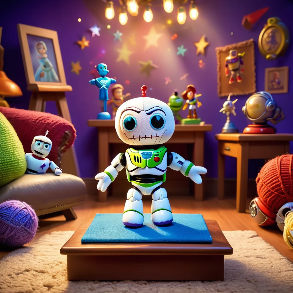 (knitted voodoo doll:1.6), sits on a podium, surrounded by a room from the cartoon Toy Story, (Buzz Lightyear:1.2), Buzz Lightyear's clothes, a whimsical and magical atmosphere, sparkles and glows in the background, best quality, masterpiece, detailed soft oil painting, detailed background, dramatic cinematic lighting, soft edge lighting, professional, dramatic lighting, hard edge lighting, ultra quality, 4k, masterpiece, best quality, 8k, ultra high definition, high resolution, extremely detailed