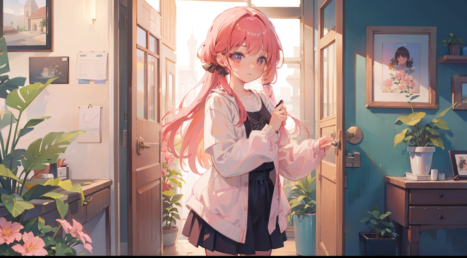 (Masterpiece), Best quality, Ultra-high resolution, detailed structure, Detailed architecture, (Warm pastel colors), indoor,Pink long hair girl standing outside the door, plant, Stamens, indoor,Entrance,Clear colors