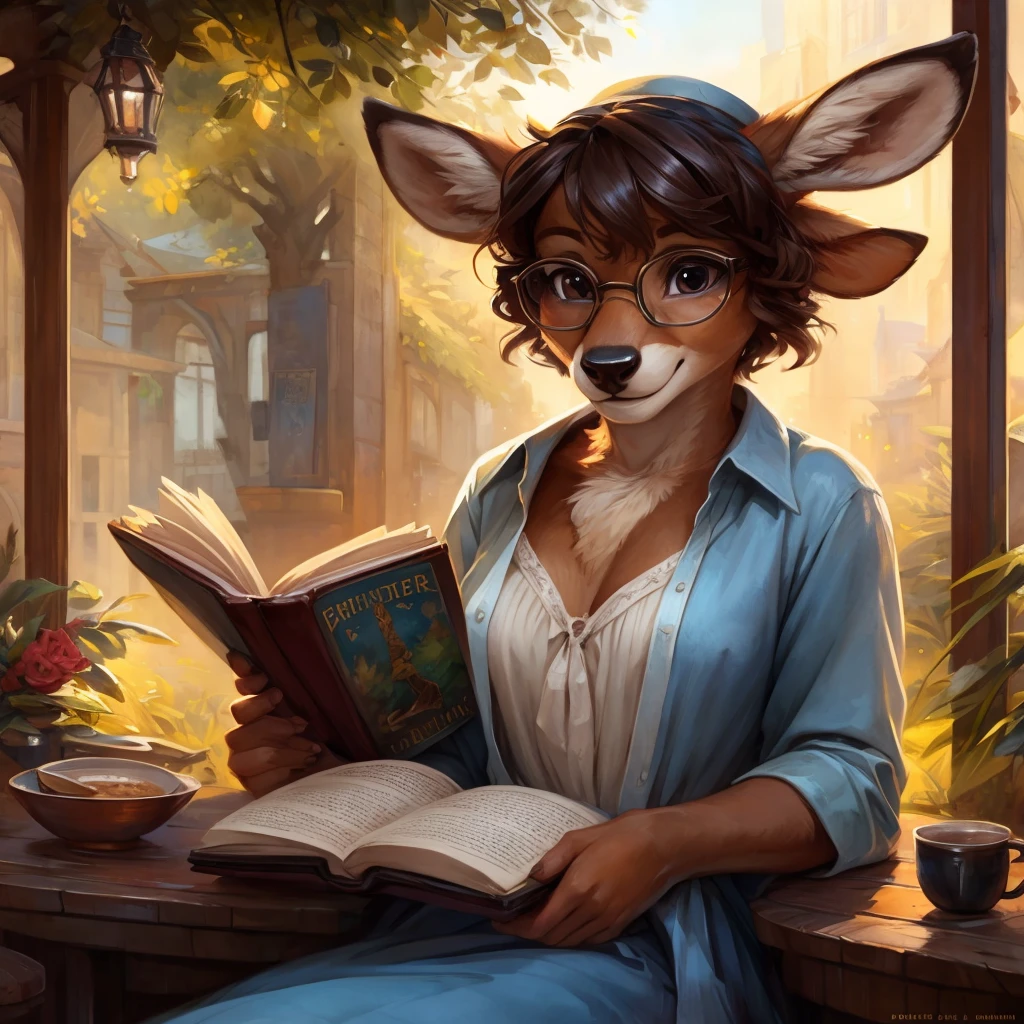 uploaded on e621, watercolor look, by Pixelsketcher, by Bayard Wu, by Thomas Benjamin Kennington , by Einshelm, by hioshiru and kenket, Chunie, portrait, solo anthro female deer doe, tiny featureless breasts, tiny breasts, clear dark blue, cinematic lighting, day, sunny day, sitting outside at a café, Cafe Background, french background, old french background, shiny, short curly dark brown hair, short hair, wears big black nerd glasses, very very beautiful furry art, furry art, thoughtful, shiny, feminine, cute face, muzzle, fluffy chest, flawless face, Fallow deer, 1girl, Sakimichan is beautiful, Masterpiece, Wavethesallow Face, shiny, Detailed image, portrait, Detailed image, portrait, wears pure white wide, big blouse, wears beige summer straw hat, shiny, realistic face, perfect anatomy, hourglass body, anthropomorphic deer, happy, very happy, small ears, huge black nerd glasses, wide happy eyes, look at viewer, smiles, big smile, holds with both hands a book, hourglass body, (furry body:1.1), anthropomorphic deer, reading a book, small fluffy tail, detailed background, (cute anatomy:1.1)