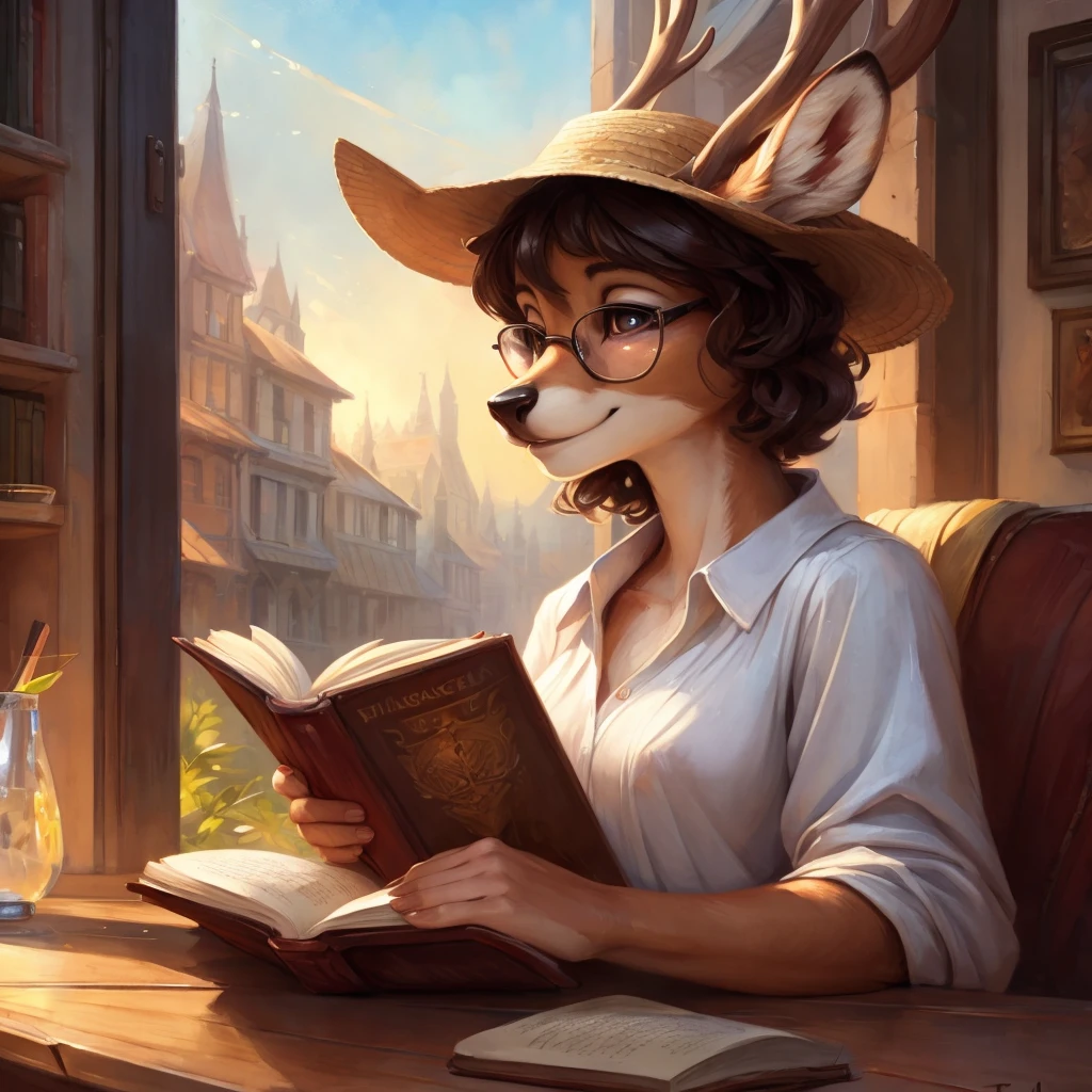 uploaded on e621, watercolor look, by Pixelsketcher, by Bayard Wu, by Thomas Benjamin Kennington , by Einshelm, by hioshiru and kenket, Chunie, portrait, solo anthro female deer doe, tiny featureless breasts, tiny breasts, clear dark blue, cinematic lighting, day, sunny day, sitting outside at a café, Cafe Background, french background, old french background, shiny, short curly dark brown hair, short hair, wears big black nerd glasses, very very beautiful furry art, furry art, thoughtful, shiny, feminine, cute face, muzzle, fluffy chest, flawless face, Fallow deer, 1girl, Sakimichan is beautiful, Masterpiece, Wavethesallow Face, shiny, Detailed image, portrait, Detailed image, portrait, wears pure white wide, big blouse, wears beige summer straw hat, shiny, realistic face, perfect anatomy, hourglass body, anthropomorphic deer, happy, very happy, small ears, huge black nerd glasses, wide happy eyes, look at viewer, smiles, big smile, holds with both hands a book, hourglass body, (furry body:1.1), anthropomorphic deer, reading a book, small fluffy tail, detailed background, (cute anatomy:1.1)
