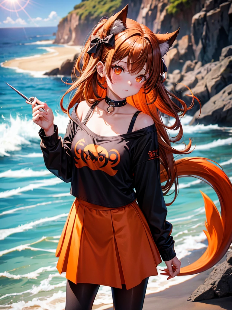 Anime, 1girl, brown hair, orange hair tips, orange eyes, glowing eyes, fiishnet leggings, red shirt with black bow, mini-skirt, soft smile, faint blush, day, beach, sun, sunlight, hellhound girl, hellhound, one tailed girl, black spike choker, wolf ears, black spike bracelets, fire ears, chocolate ice cream,