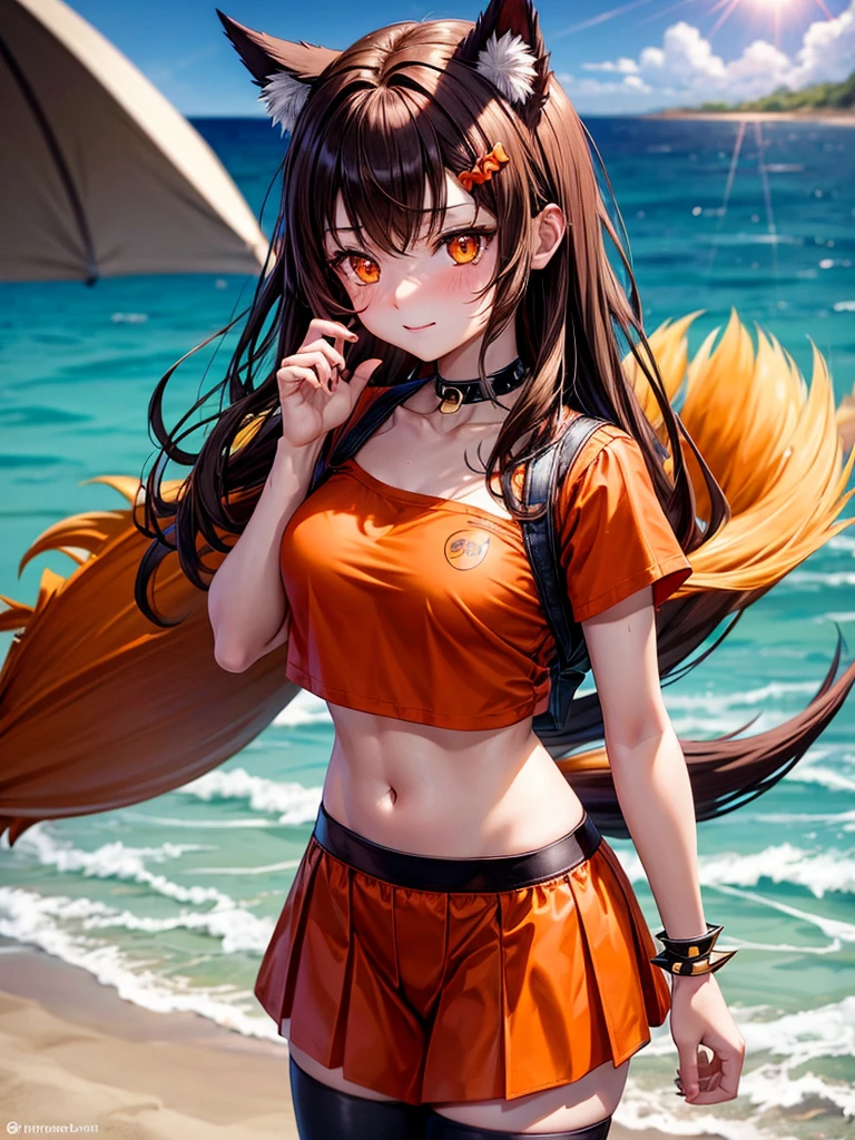 Anime, 1girl, brown hair, orange hair tips, orange eyes, glowing eyes, fiishnet leggings, red shirt with black bow, mini-skirt, soft smile, faint blush, day, beach, sun, sunlight, hellhound girl, hellhound, one tailed girl, black spike choker, wolf ears, black spike bracelets, fire ears, chocolate ice cream,