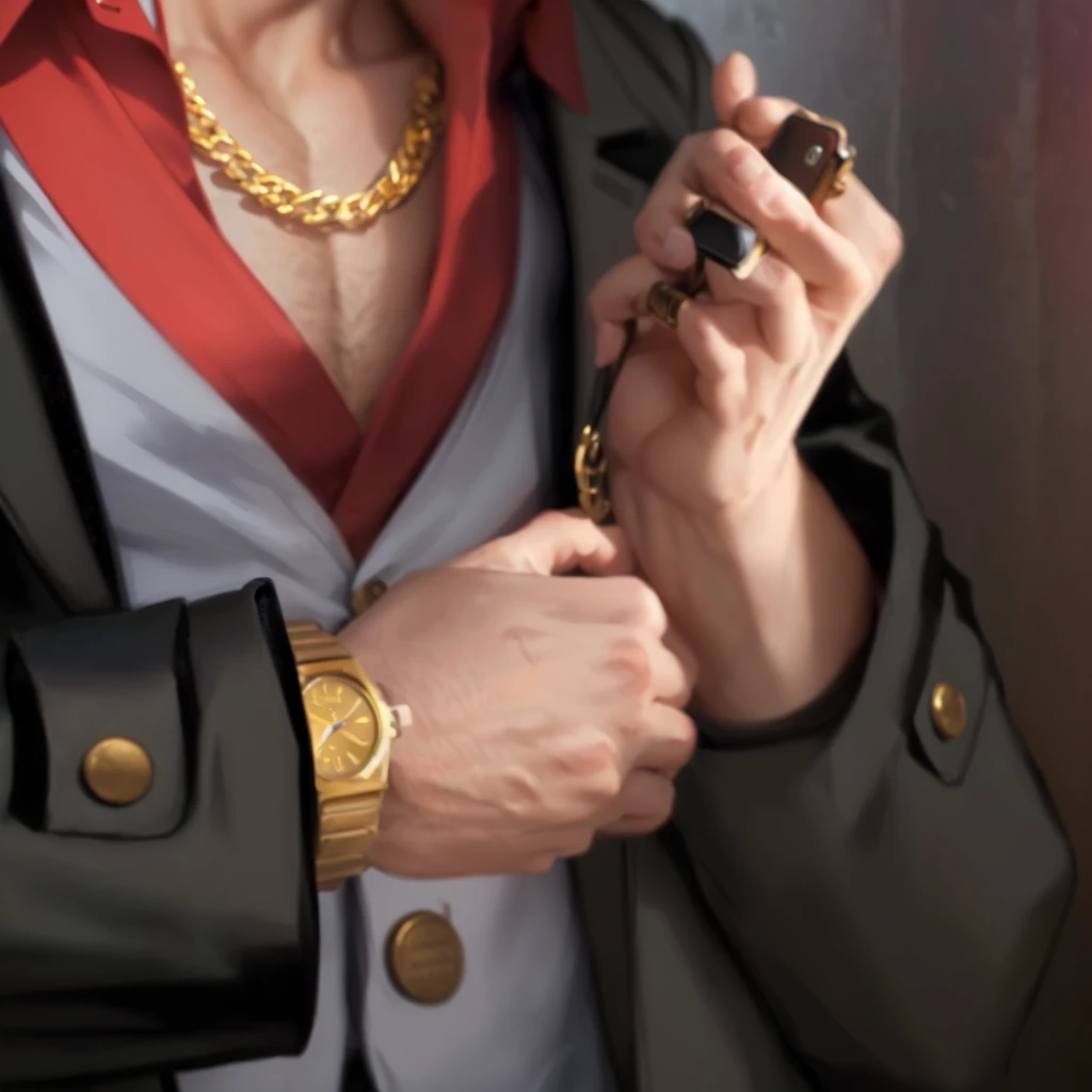 there is a man in a suit holding a cell phone, heavy gesture style closeup, extra detail more details, holding gold watch, character art closeup, extra detail, extreme hand detail, close up details, extra realistic details, mafia background hyper detailed, realistic detail, fined detail, wearing gold chain, realistic sharp details, ultra detail. digital painting, perspicious detail