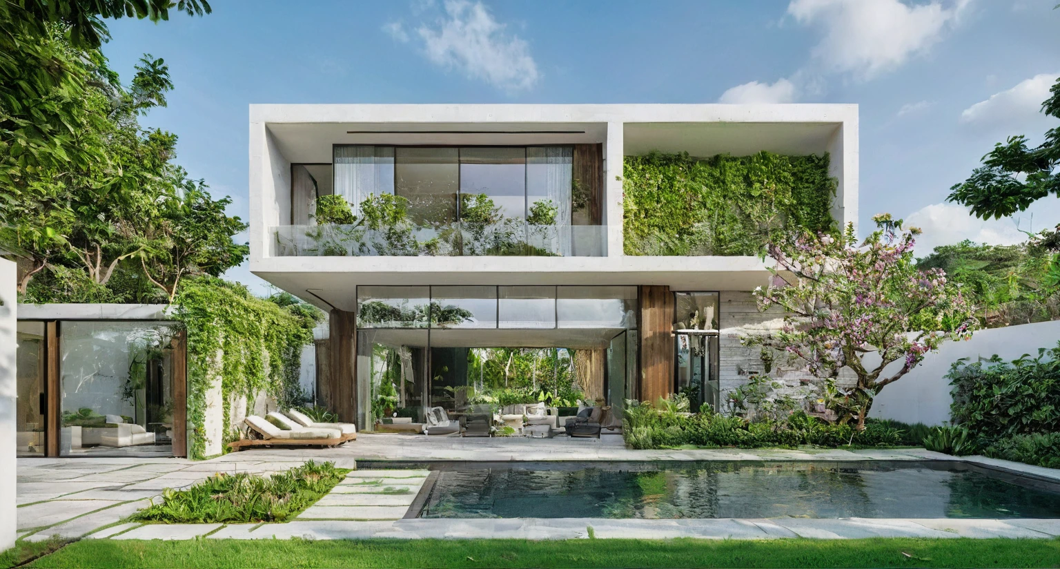 Realistic photo render 4k. A modern garden villa is a luxurious residence that seamlessly blends contemporary design with the natural beauty of lush greenery. This type of villa typically features sleek architectural lines, large glass windows, and open-plan living spaces that create a sense of spaciousness and light. The exterior of the villa is often designed to harmonize with the surrounding environment, using materials such as stone, wood, and metal to create a sophisticated yet inviting appearance.

Surrounding the villa, you would find a beautifully landscaped garden filled with a variety of trees, plants, and flowers. These gardens are meticulously planned to provide a tranquil and picturesque setting, with winding pathways, serene water features, and carefully placed outdoor seating areas where residents can relax and enjoy the natural surroundings.

The interior of the villa is designed to offer comfort and luxury, with high-end finishes, modern furnishings, and state-of-the-art amenities. Large sliding doors and windows allow for seamless indoor-outdoor living, connecting the interior spaces with the garden. The living areas are typically open and airy, with plenty of natural light, and the bedrooms offer private retreats with views of the garden.

In addition to the main living areas, a modern garden villa might also include additional features such as a private swimming pool, a rooftop terrace, a home office, and a gym. The overall design emphasizes a balance between modern aesthetics and the tranquility of nature, creating a perfect sanctuary for those who appreciate both contemporary living and the beauty of the outdoors. 