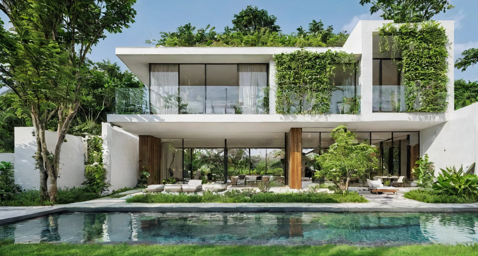 Realistic photo render 4k. A modern garden villa is a luxurious residence that seamlessly blends contemporary design with the natural beauty of lush greenery. This type of villa typically features sleek architectural lines, large glass windows, and open-plan living spaces that create a sense of spaciousness and light. The exterior of the villa is often designed to harmonize with the surrounding environment, using materials such as stone, wood, and metal to create a sophisticated yet inviting appearance.

Surrounding the villa, you would find a beautifully landscaped garden filled with a variety of trees, plants, and flowers. These gardens are meticulously planned to provide a tranquil and picturesque setting, with winding pathways, serene water features, and carefully placed outdoor seating areas where residents can relax and enjoy the natural surroundings.

The interior of the villa is designed to offer comfort and luxury, with high-end finishes, modern furnishings, and state-of-the-art amenities. Large sliding doors and windows allow for seamless indoor-outdoor living, connecting the interior spaces with the garden. The living areas are typically open and airy, with plenty of natural light, and the bedrooms offer private retreats with views of the garden.

In addition to the main living areas, a modern garden villa might also include additional features such as a private swimming pool, a rooftop terrace, a home office, and a gym. The overall design emphasizes a balance between modern aesthetics and the tranquility of nature, creating a perfect sanctuary for those who appreciate both contemporary living and the beauty of the outdoors. 