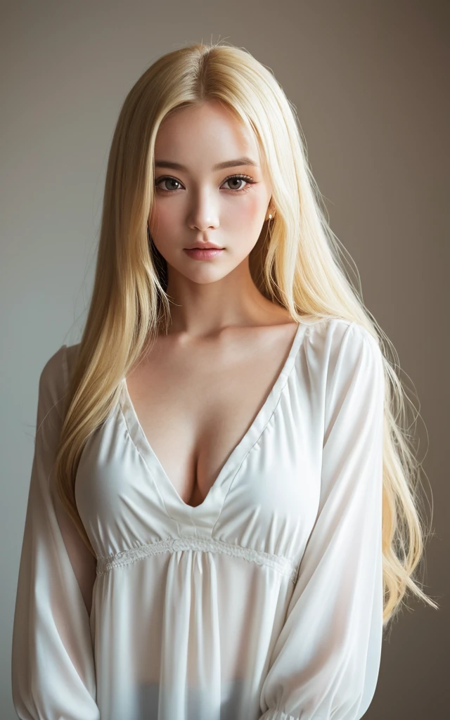 (((Blonde、forehead、long hair、White background、one piece、blouse)))、masterpiece, Highest quality, 8k,, 20th Generation, (:1.2), Background is white,  cute, alone, sad, close, cute, Girlish, Delicate girl, Pure beauty,  RAW Photos, Professional photography, Portraiture, Soft Light, Professional Lighting, Backlight, Upper Body, Sophisticated, Film Grain, (Eye and facial details:1.0) , Beautiful, flowing hair, シルクのblouse,