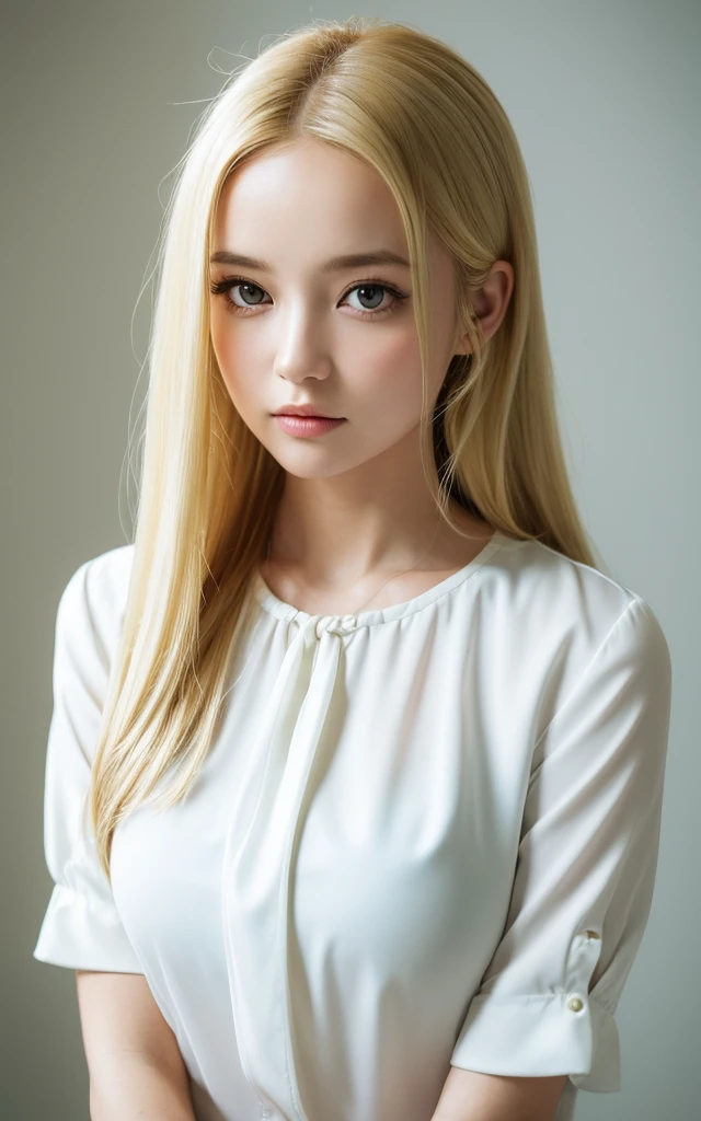 (((Blonde、forehead、long hair、White background、one piece、blouse)))、masterpiece, Highest quality, 8k,, 20th Generation, (Large Breasts:1.2), Background is white,  cute, alone, sad, close, cute, Girlish, Delicate girl, Pure beauty,  RAW Photos, Professional photography, Portraiture, Soft Light, Professional Lighting, Backlight, Upper Body, Sophisticated, Film Grain, (Eye and facial details:1.0) , Beautiful, flowing hair, シルクのblouse,